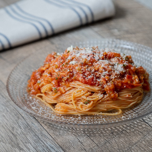 たっぷりトマトの無水パスタソースのガスパチョ風冷製パスタ(豆そうめんを使った)の作り方・レシピ