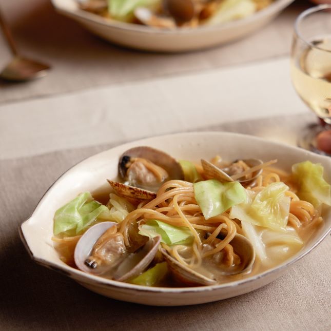 春キャベツとあさりの豆だしパスタの作り方・レシピ