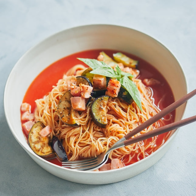 ナスとベーコンの冷製トマトスープパスタの作り方・レシピ