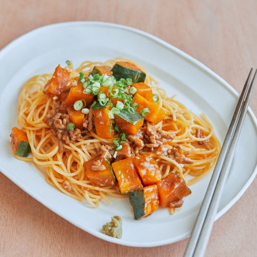 かぼちゃとひき肉のあんかけ和え麺の作り方・レシピ