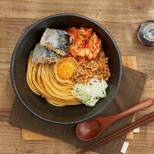 鯖キムチ納豆和え麺の作り方・レシピ