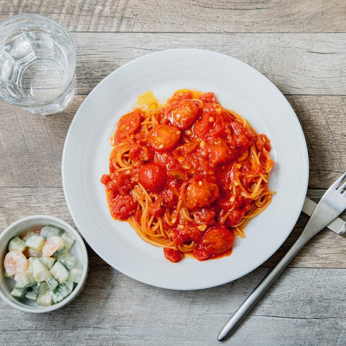 【血圧が気になる方向け献立】トマトソースのパスタとえびとアボカドのわさびマヨネーズ和え の作り方・レシピ